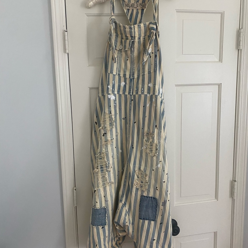 Striped Distressed Overalls